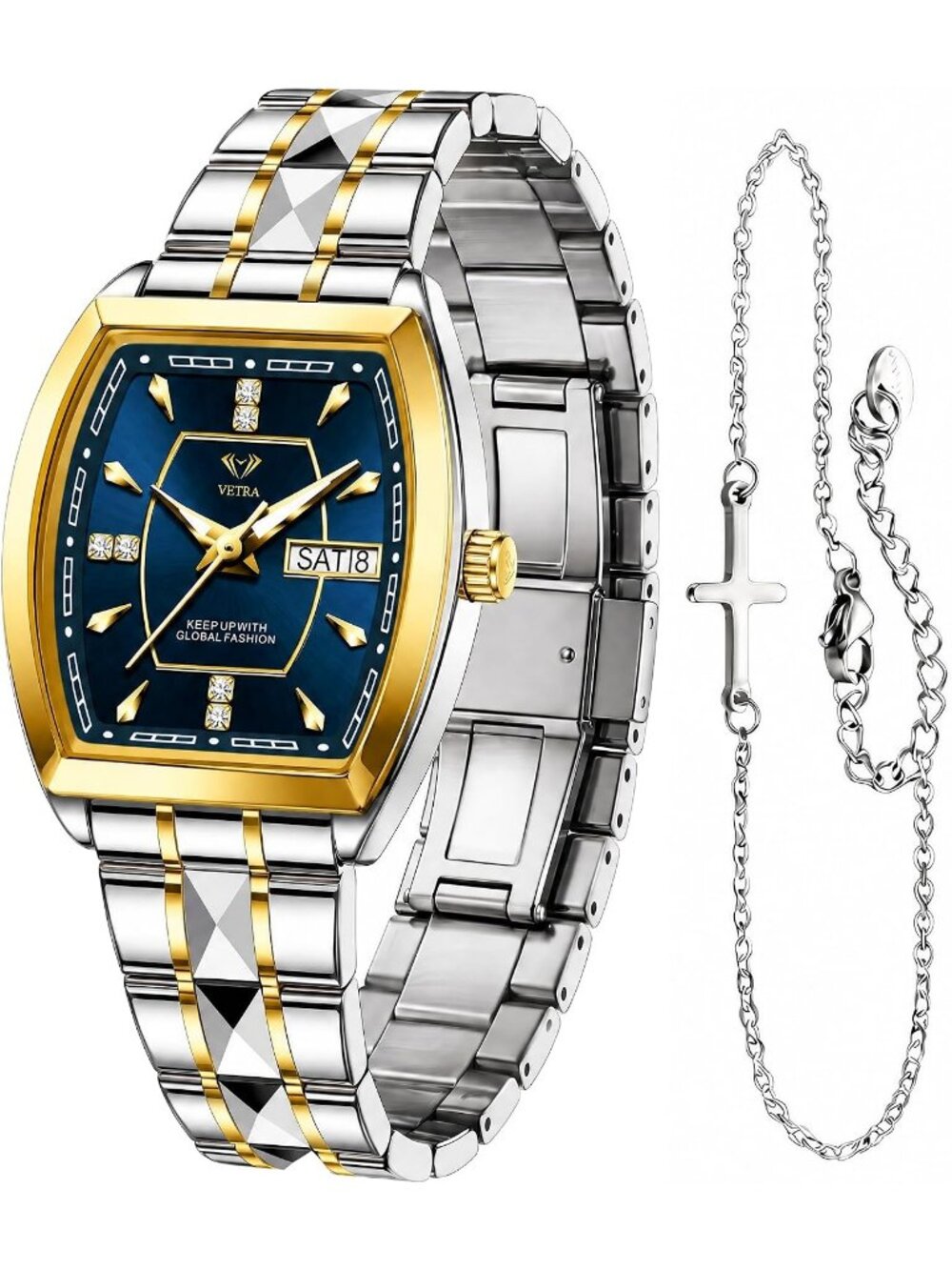 Women's Blue Two Tone Stainless Steel Waterproof Casual Dress Date Wrist Watch